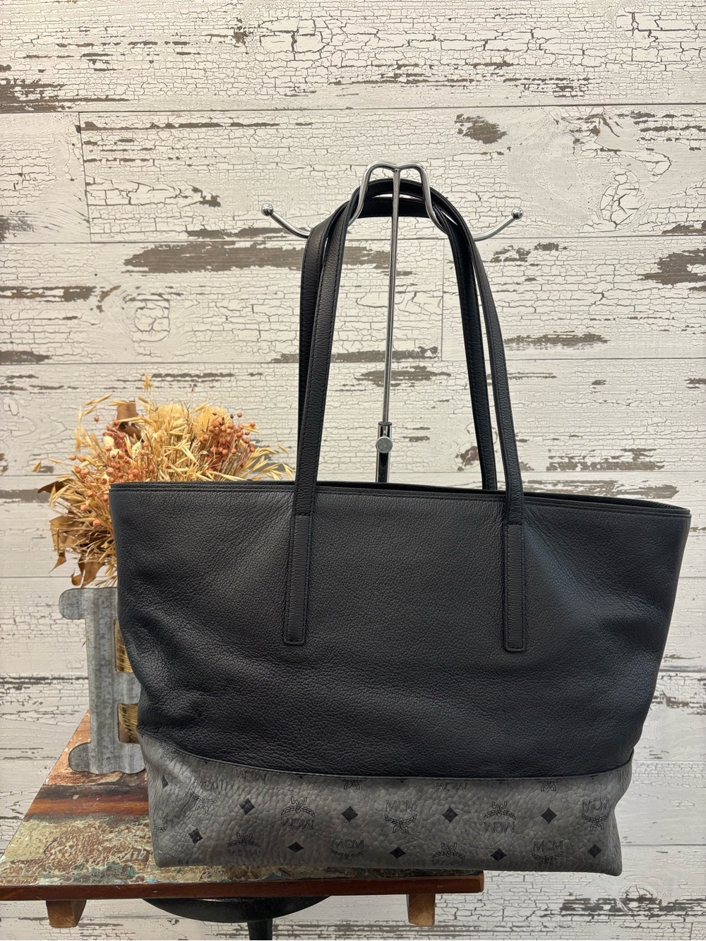MCM Authentic Black Leather Tote with Gray Monogrammed Base
